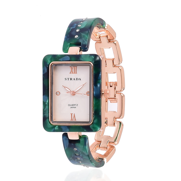 STRADA Japanese Movement White Austrian Crystal Studded Dial Watch in Rose Gold Tone with Dark Green