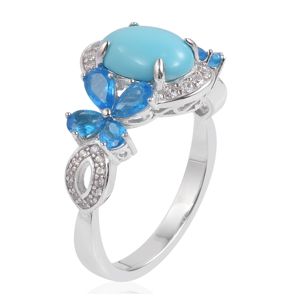 Arizona Sleeping Beauty Turquoise (Ovl 1.75 Ct), Malgache Neon Apatite and Natural White Cambodian Zircon Ring in Platinum Overlay Sterling Silver 3.640 Ct.