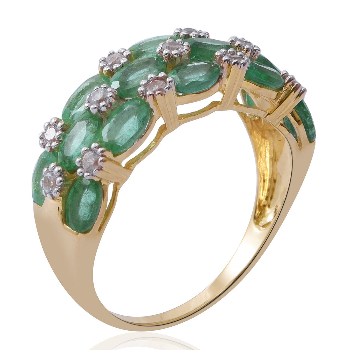 9K Yellow Gold AA Kagem Zambian Emerald (Ovl), Natural White Cambodian Zircon Ring 4.000 Ct.Gold Wt 2.70 Gms