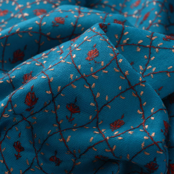 Limited Available - 100% Merino Wool Floral Hand Embroidered Turquoise Colour Shawl (Size 200x70 Cm)