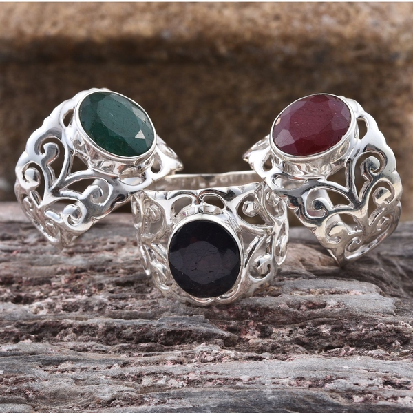 Set of 3 - Ruby (Ovl), Blue Sapphire and Emerald Filigree Ring in Sterling Silver 10.020 Ct.