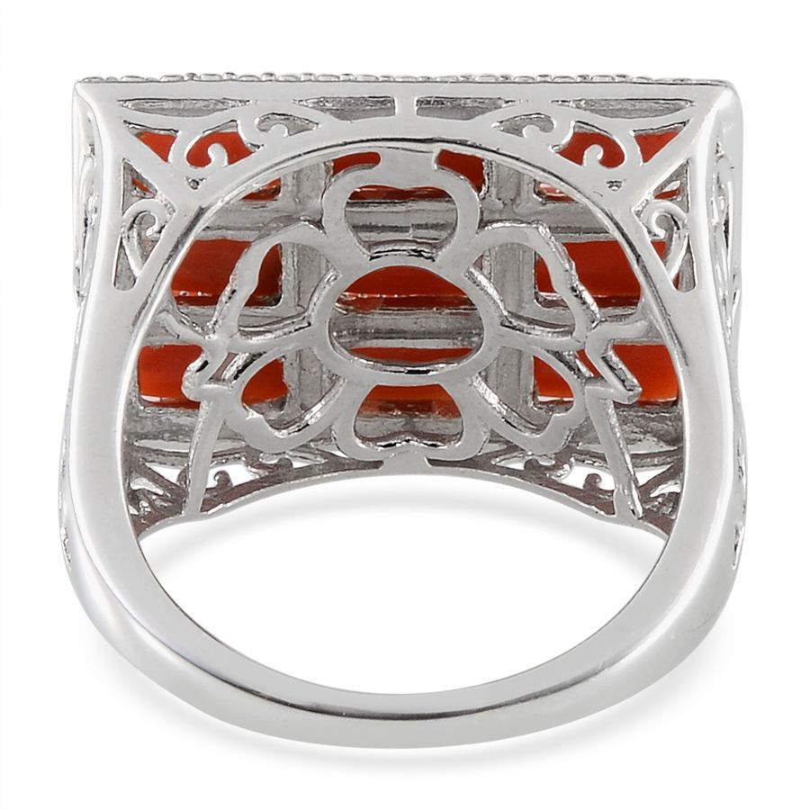 Natural Mediterranean Coral (Bgt), Diamond Ring in Platinum Overlay Sterling Silver 4.770 Ct.
