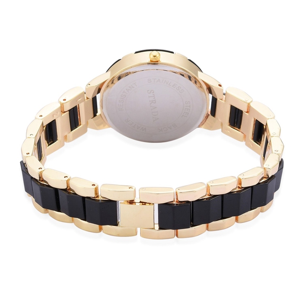 STRADA Japanese Movement White Austrian Crystal Studded Black Dial Water Resistant Watch in Gold Tone with Stainless Steel Back and Black Strap