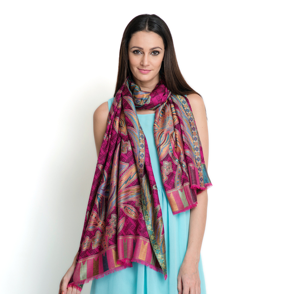 100% Modal Multi Colour Floral and Leaves Pattern Fuchsia and Green Colour Jacquard Scarf (Size 190x