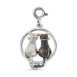 Black and White Diamond (Rnd) Twin Cat Charm in Black, Yellow Gold and Platinum Overlay Sterling Sil