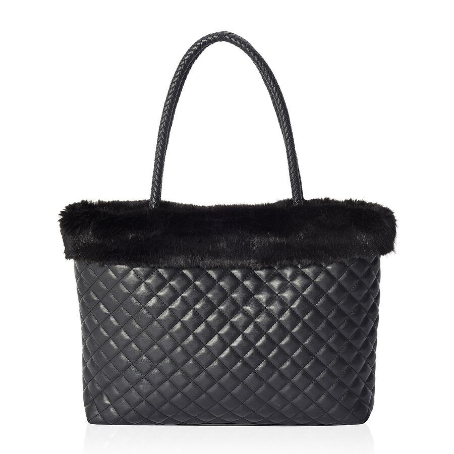 Quilted Pattern Tote Bag with Faux Fur Top with Zipper Closure (Size 44x34.5 Cm) - Black ...