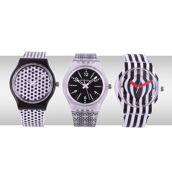 Set of 3 - STRADA Japanese Movement Black and White Colour Stripes, Polka Dots and Floral Pattern Watch with Silicone Strap