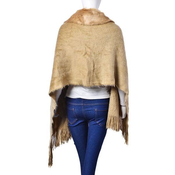 Winter Special - Khaki Colour Poncho with 2 Pom Pom and Faux Fur Collar (Size 160x55 Cm)