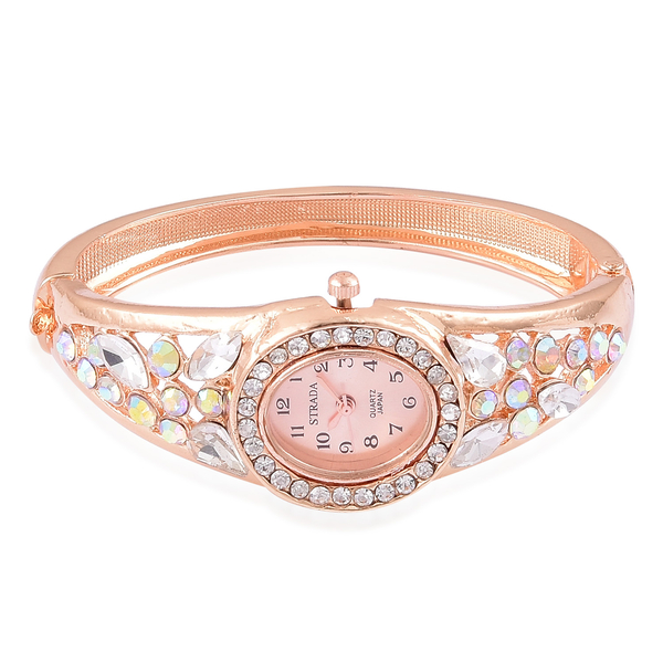 Designer Inspired - STRADA Japanese Movement Sunshine Dial Bangle Watch in Rose Gold Tone with White Austrian Crystal, Simulated AB and White Colour Diamond