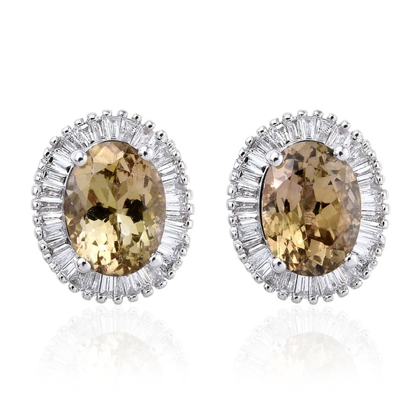 ILIANA 18K White Gold 3.15 Carat Natural Yellow Tanzanite Oval Halo Stud Earrings, Diamond SI G-H wi