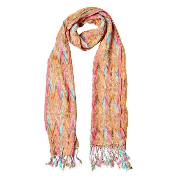 Italian Designer Inspired-Orange, Pink and Multi Colour Zigzag Pattern Scarf with Tassels (Size 170X30 Cm)