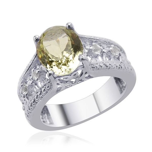Green Sillimanite (Ovl 2.40 Ct) White Topaz Ring in Platinum Overlay Sterling Silver  2.500 Ct.