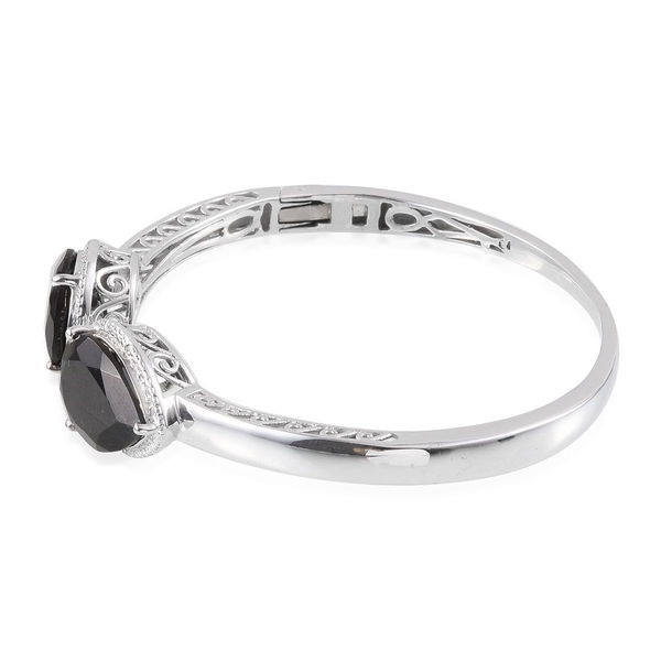 Boi Ploi Black Spinel (Pear), Diamond Bangle (Size 7.5) in Platinum Overlay Sterling Silver 24.030 Ct.