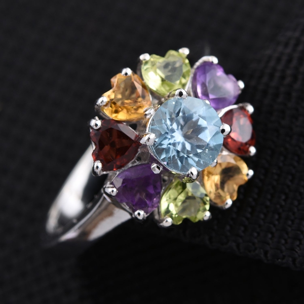 Sky Blue Topaz (Rnd 1.00 Ct), Mozambique Garnet, Hebei Peridot, Amethyst and Citrine Ring in Platinum Overlay Sterling Silver 3.250 Ct.