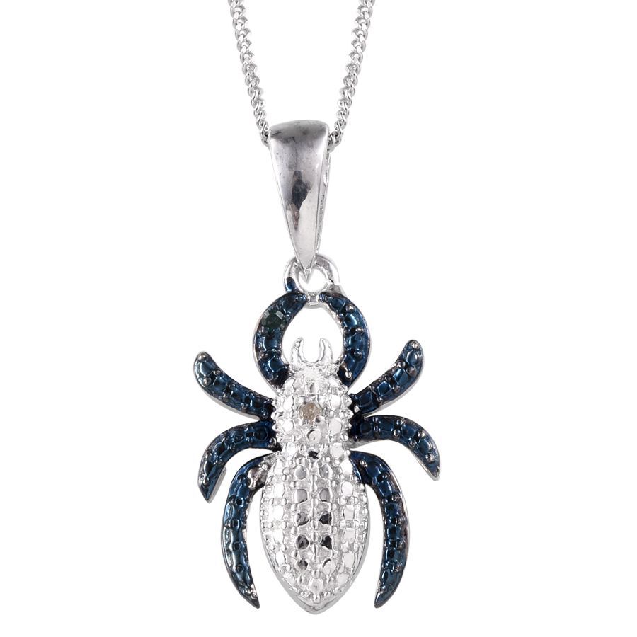 White Diamond (Rnd), Blue Diamond Spider Pendant With Chain in Platinum Overlay Sterling Silver