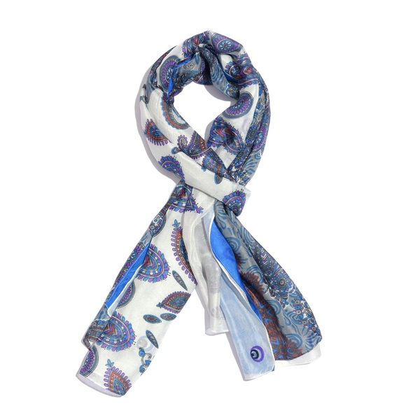 100% Mulberry Silk Blue, White and Multi Colour Handscreen Floral and Paisley Printed Scarf (Size 20