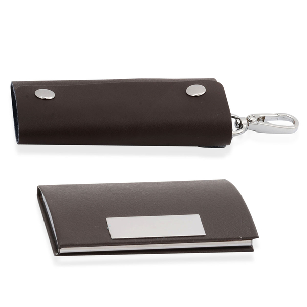 Dark Chocolate Colour Key Chain (Size 10.5x6 Cm) and Card Holder (Size 9.5x6.5 Cm) in Silver Tone