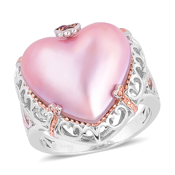 Designer Inspired Mabe Pink Pearl (Hrt 17-20mm), African Ruby Ring in Rhodium Plated and Rose Gold O