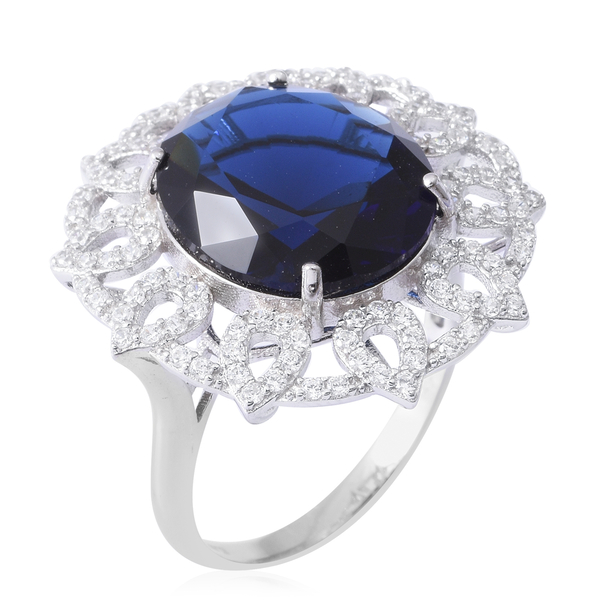 ELANZA  AAA Simulated Blue Sapphire (Ovl), Simulated Diamond Ring in Rhodium Overlay Sterling Silver