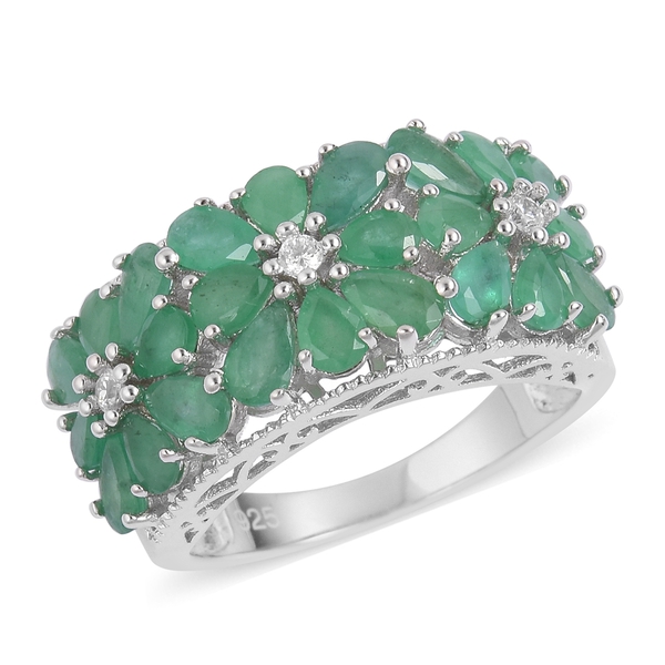 4.10 Ct Emerald and White Cambodian Zircon Floral Ring in Platinum Plated Silver 5.21 grams