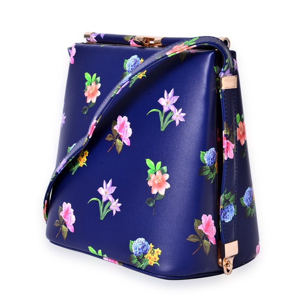 Navy and Multi Colour Floral Pattern Clutch Bag with Shoulder Strap (Size 22x21.5x14 Cm)