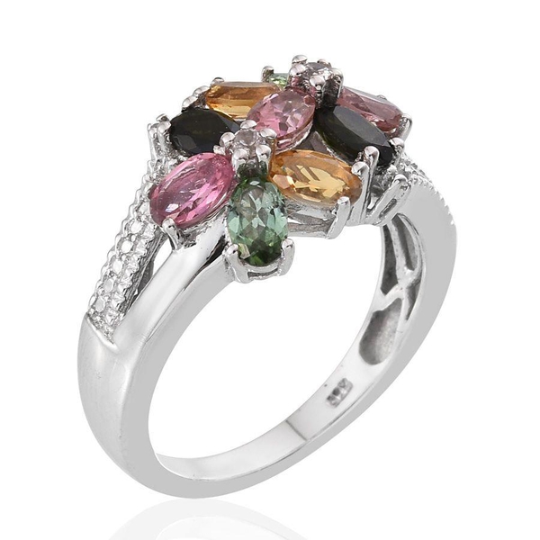 Rainbow Tourmaline (Ovl), Natural Cambodian Zircon Ring in Platinum Overlay Sterling Silver 2.000 Ct.