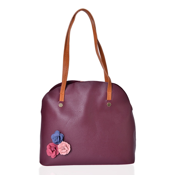 Set of 2 - Multi Colour 3D Flowers Embellished Burgundy Colour Handbag (Size 34X29X15 Cm) and Pouch (Size 27X20X7 Cm)