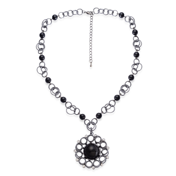 Simulated Black Pearl and White Austrian Crystal Necklace (Size 18) in Silver Tone