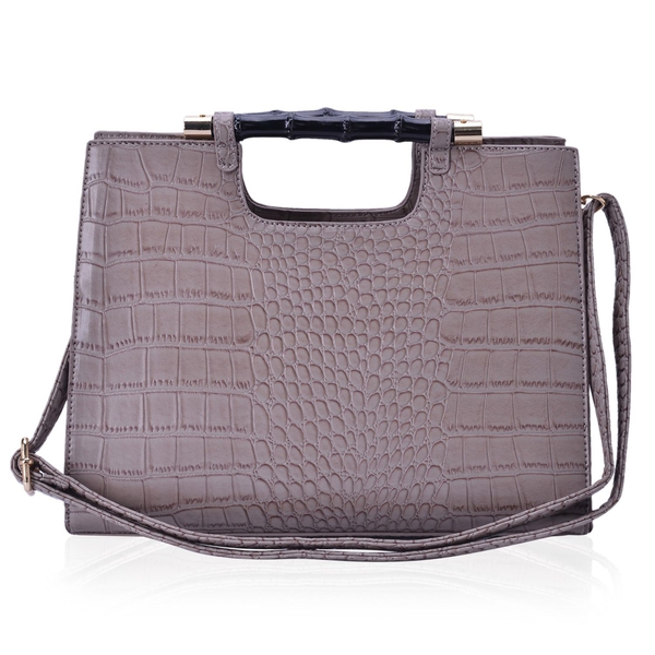 Croc Embossed Dark Beige Colour Bamboo Bag with Adjustable Shoulder Strap (Size 31.5x19x11 Cm)
