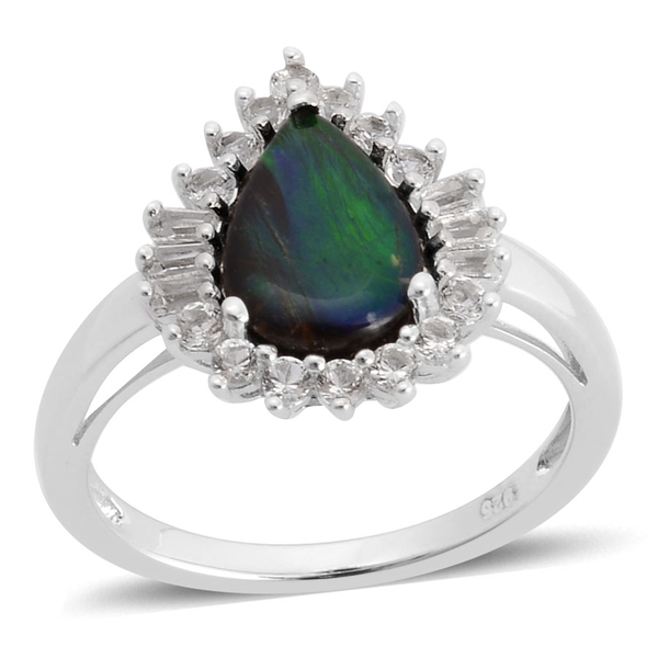 Canadian Ammolite (Pear 1.50 Ct), White Topaz Ring in Rhodium Plated Sterling Silver 2.000 Ct.