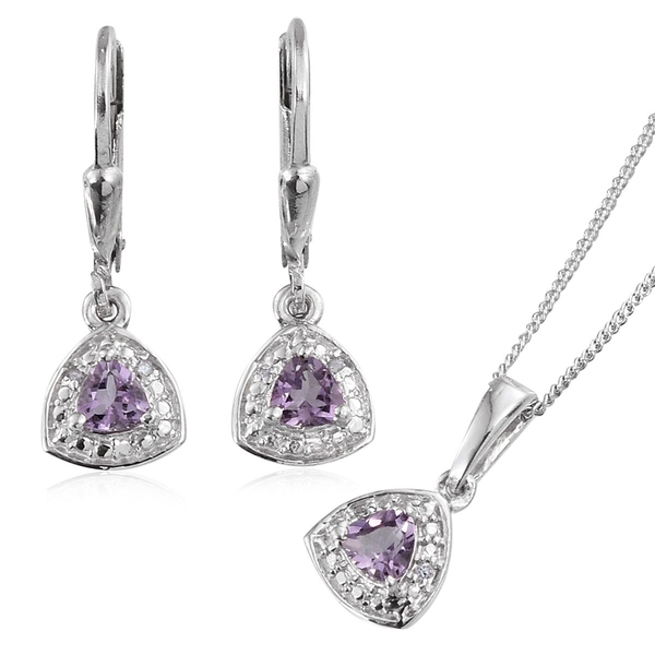 Rose De France Amethyst (Trl), Diamond Pendant With Chain and Lever Back Earring in Platinum Overlay
