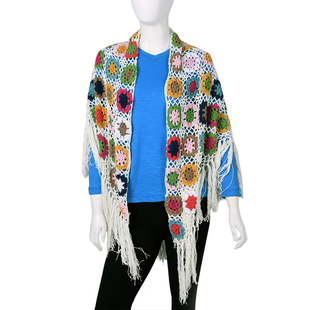 Limited Collection La Marey 100% Cotton Hand Crochet White, Green & Multi Colour Floral Shawl (86x16