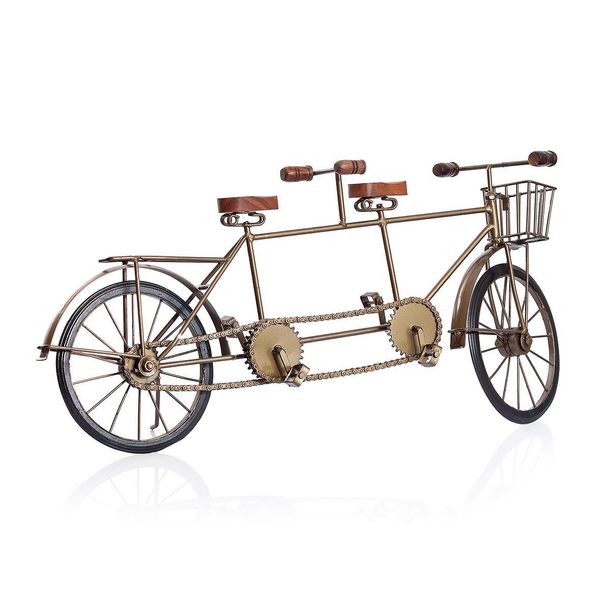 Home Decor - Hand Crafted Tandem Bicycle Ornament with Front Basket in Gold Tone
