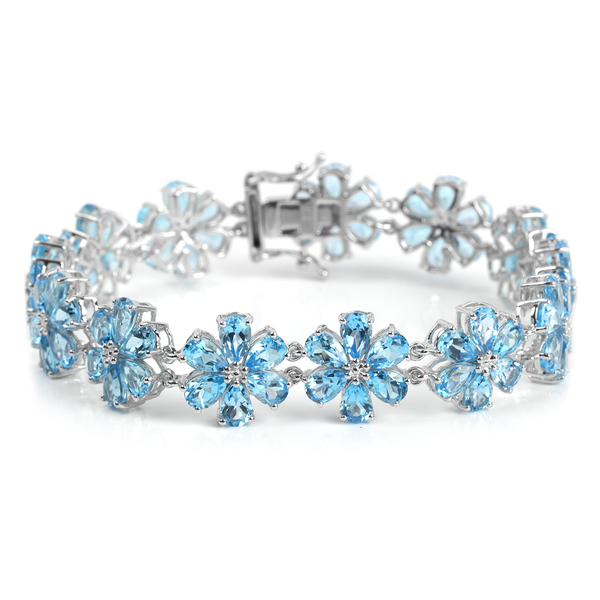 Swiss Blue Topaz (Pear) Flower Bracelet (Size 7.5) in Platinum Overlay Sterling Silver 30.600 Ct. Si