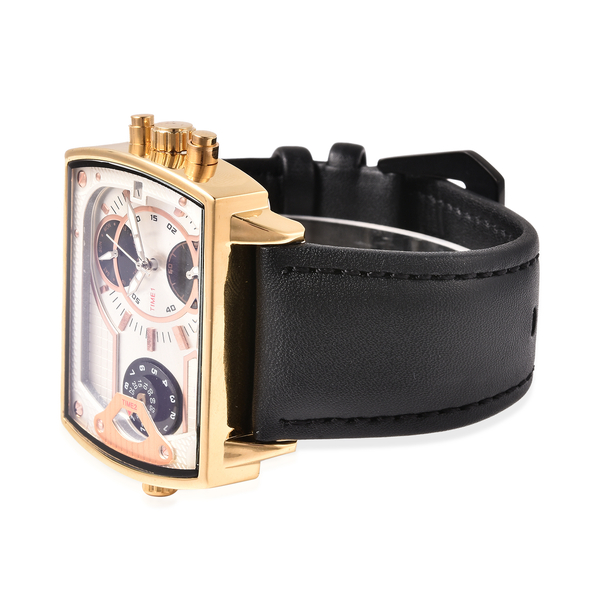GENOA Two Movement Multi Function White and Gold Tone Dial Watch with Genuine Black Leather Strap