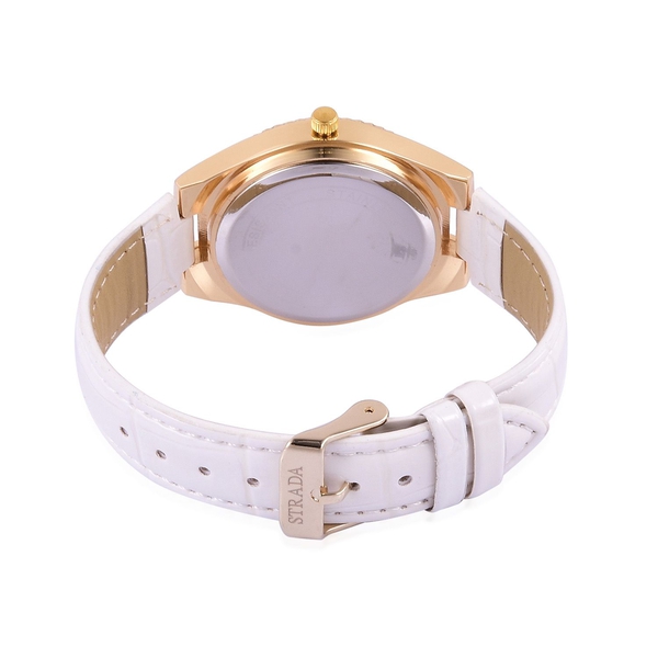 STRADA Japanese Movement White Austrian Crystal Studded White Dial Water Resistant Watch in Gold Tone with Stainless Steel Back and White Strap