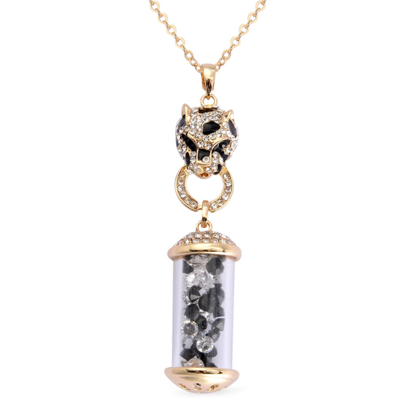 Black and White Austrian Crystal Enameled Leopard Face with kaleidoscope Pendant With Chain (Size 26