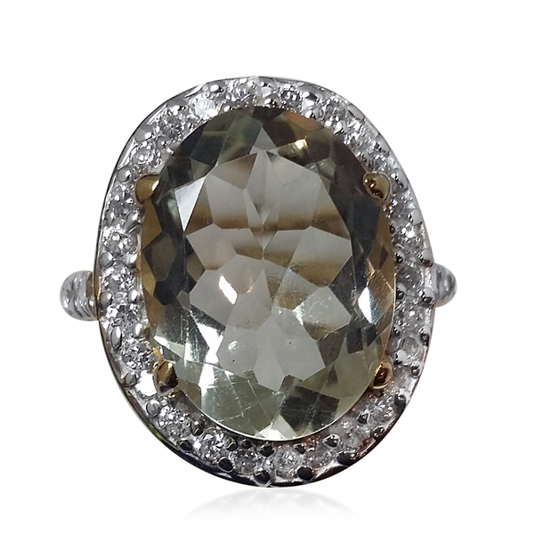 Green Amethyst (Ovl 9.50 Ct), Simulated White Diamond Ring in 14K Gold Overlay Sterling Silver 11.300 Ct.