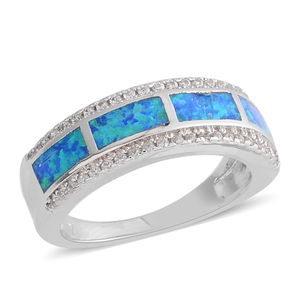 New Concept - Simulated Ocean Blue Opal, Simulated Diamond Ring in Silver Plated