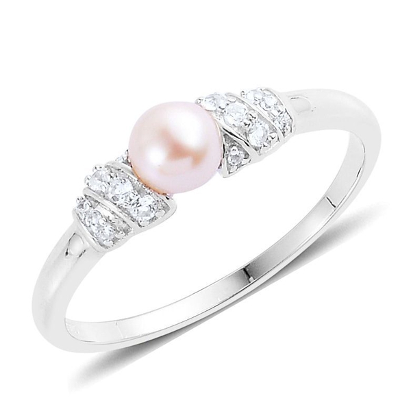 Japanese Akoya Pearl (Rnd 1.05 Ct), White Topaz Ring in Platinum Overlay Sterling Silver 1.250 Ct.