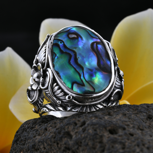 Royal Bali Collection Abalone Shell Floral Ring in Oxidised Sterling Silver, Silver wt 9.61 Gms.