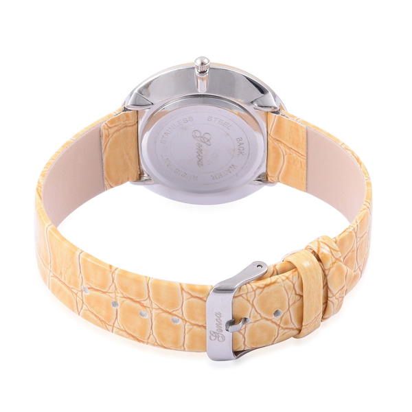 GENOA Japanese Movement White Austrian Crystal Studded White Dial Yellow Quartzite Water Resistant Watch in Silver Tone With Stainless Steel Back and Yellow Strap 55.000 Ct.