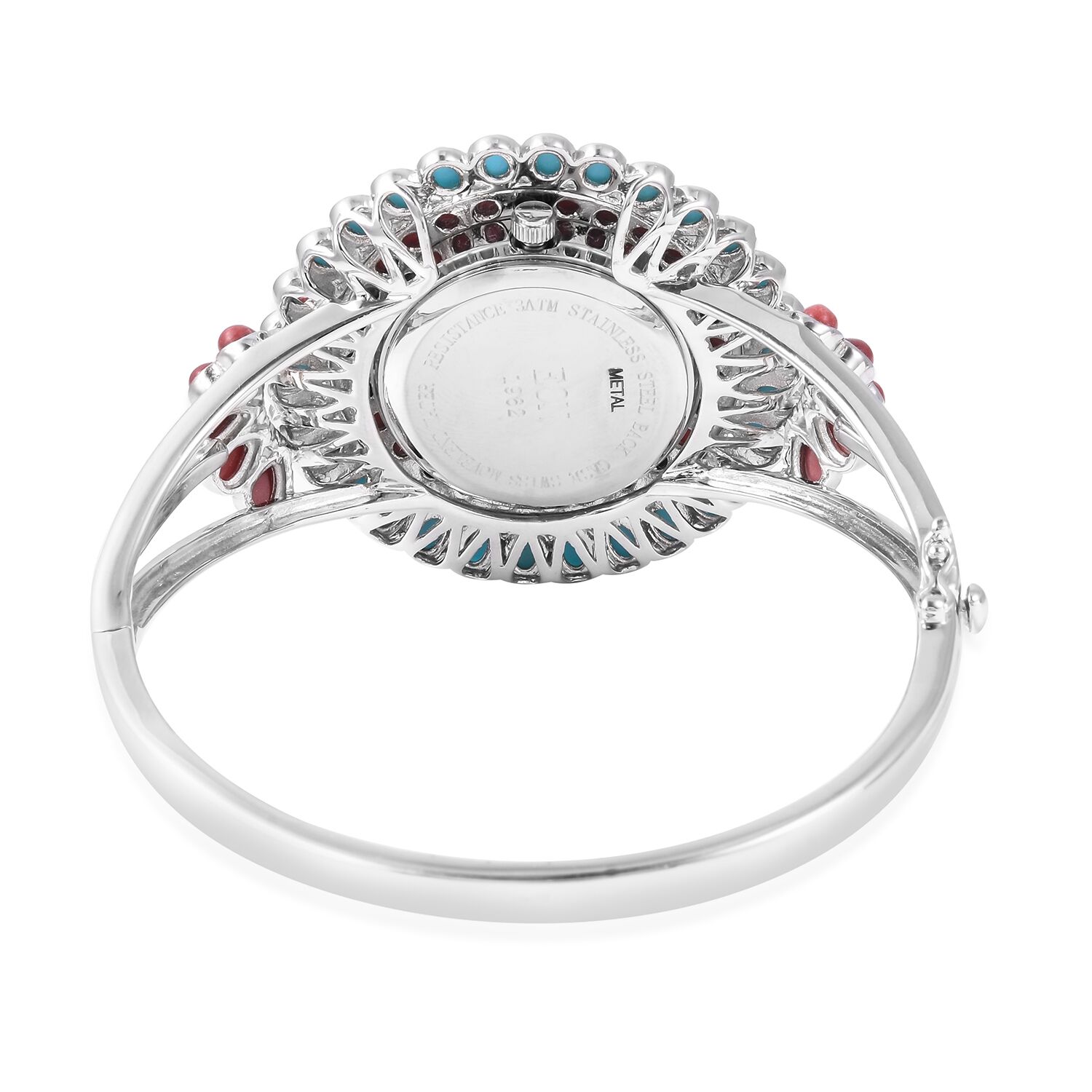 TJC Special-EON 1962 Swiss Movement Coral and Sleeping Beauty Turquoise Bangle Watch (Size 7.5) in Sterling Silver (Silver wt 29.45 Gms) 11.080 Ct.