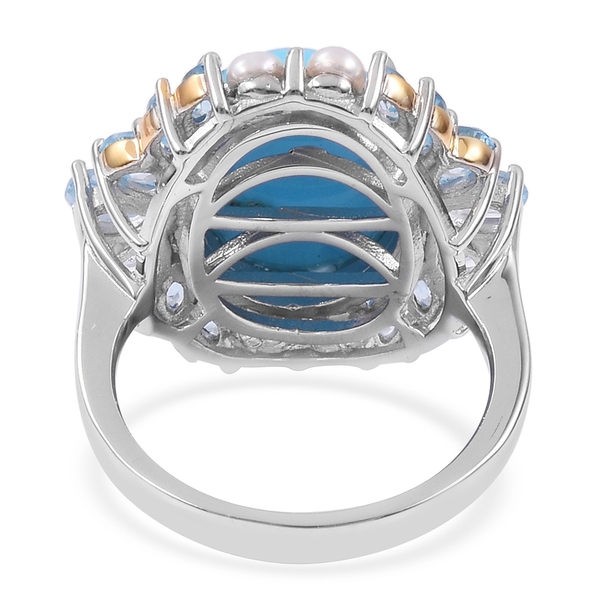 Arizona Sleeping Beauty Turquoise (Ovl 6.50 Ct), Swiss Blue Topaz and Freshwater Pearl Ring in Rhodium and Yellow Gold Overlay Sterling Silver 9.310 Ct. Silver wt 5.73 Gms.