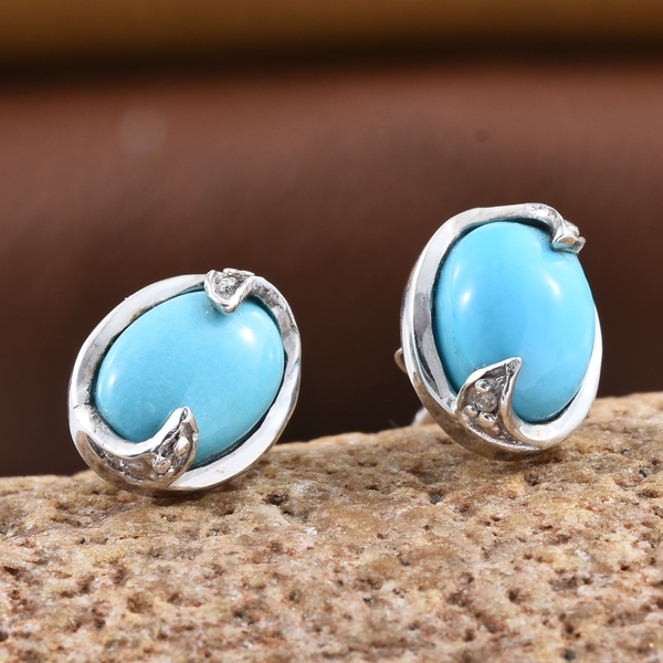 Arizona Sleeping Beauty Turquoise (Ovl), Diamond Stud Earrings in Platinum Overlay Sterling Silver 2.520 Ct.