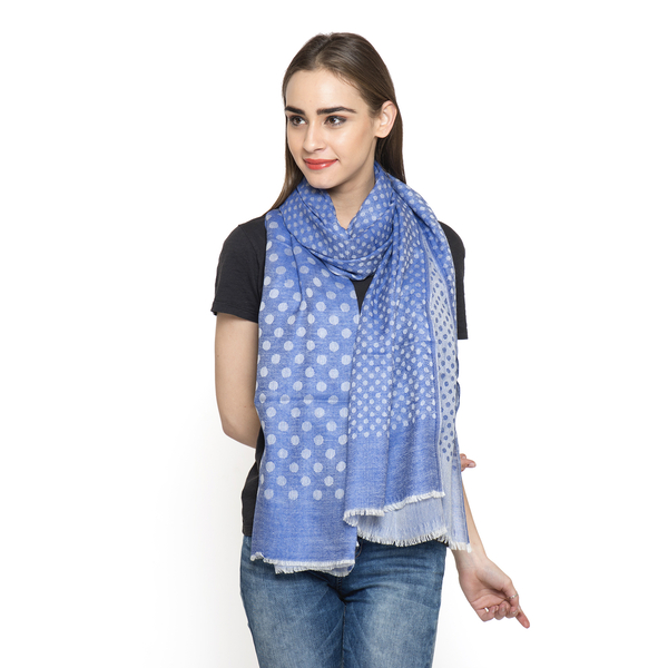 Limited Available - 100% Cashmere Wool Blue Colour Polka Dots Pattern Shawl (Size 200x70 Cm)