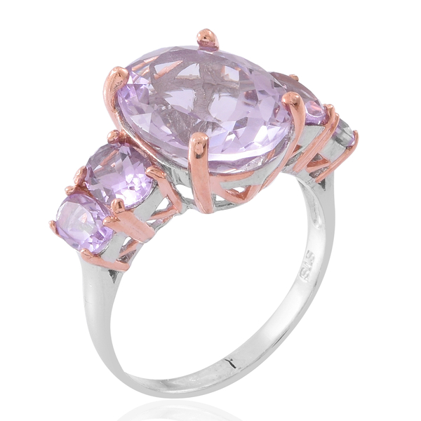 Rose De France Amethyst (Ovl 8.75 Ct) 5 Stone Ring in Rhodium and Rose Gold Plated Sterling Silver 11.000 Ct.
