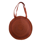 Bali Collection Palm Leaf Sisik Pattern Woven Round Bag with Leather Strap (Size:39x37x5Cm) - Tan