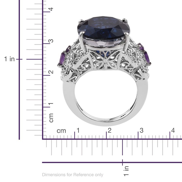 Ceylon Colour Quartz (Ovl 15.00 Ct), Amethyst and Diamond Ring in Platinum Overlay Sterling Silver 15.160 Ct.