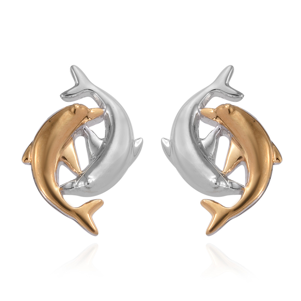 Platinum and Yellow Gold Overlay Sterling Silver Dolphin Earrings (with Push Back)